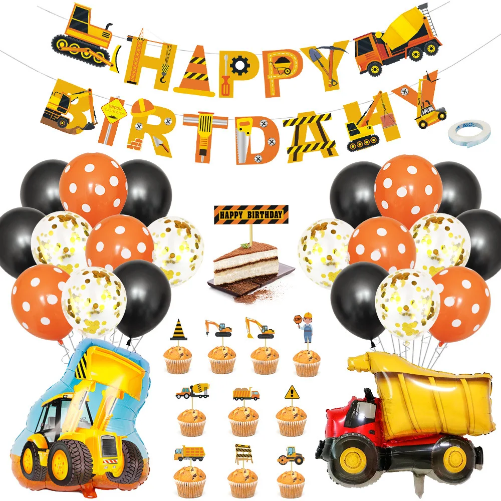 Star Garland Happy Birthday Banner Birthday Decor Set for 1st 2nd 3rd 4-12 year Boy Road Sign Model for Cake Decoration 52 Pack Construction Birthday Party Supplies Kit Giant Dump Truck Balloon 