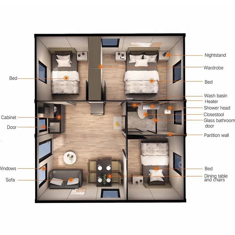 Fast Delivery Modular Prefab 20ft Expandable Modern Steel Container House Tiny Home with Three Rooms Great Space Use