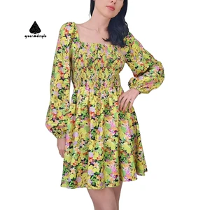 Customize New Design Breathable Printed Long Sleeve Smock Waist Casual Summer Fashion Dress