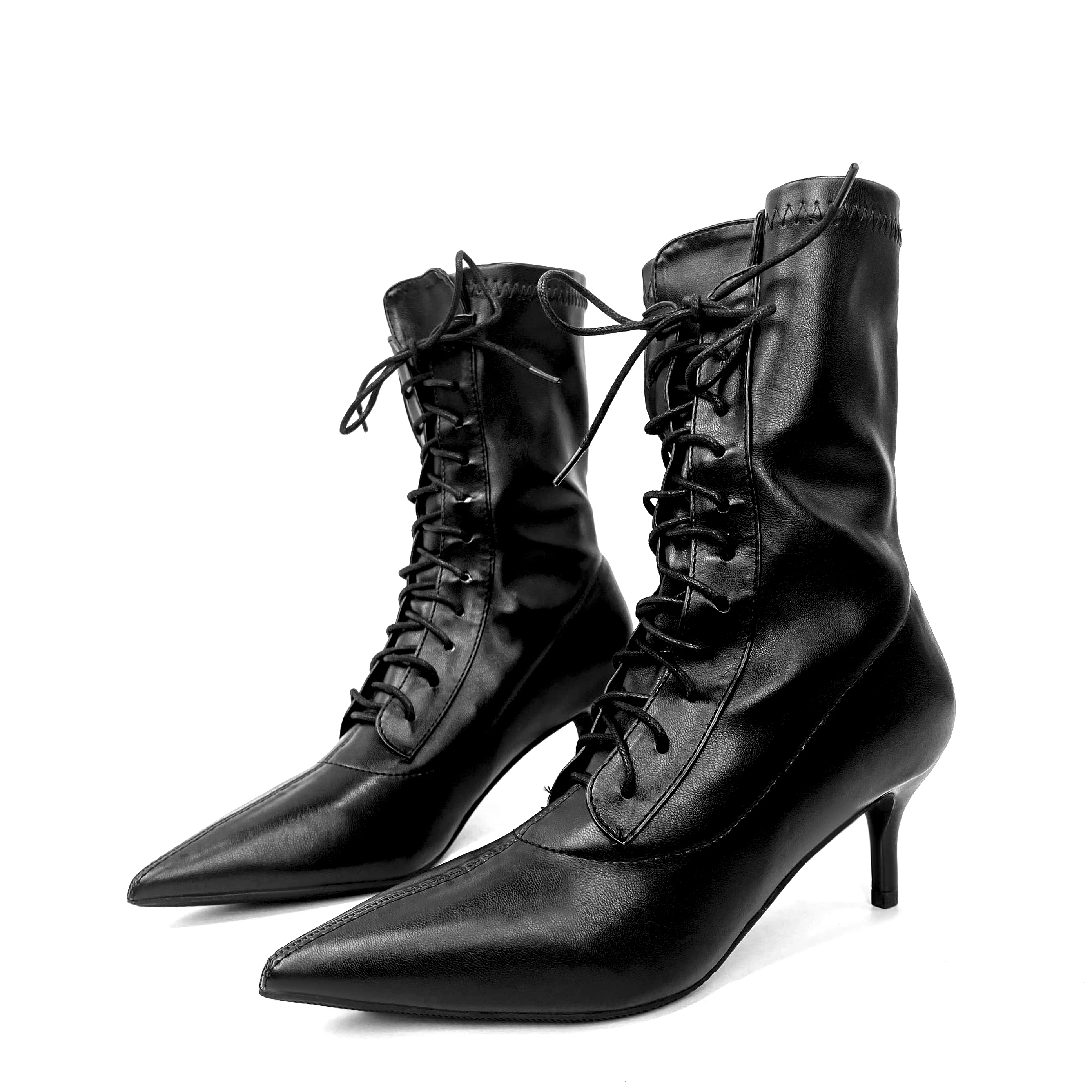 New Winter Autumn Black Stiletto Boot Leather Pointed Toe Ladies Boots High Heels Middle Cylinder Booties Women Lace up Shoes