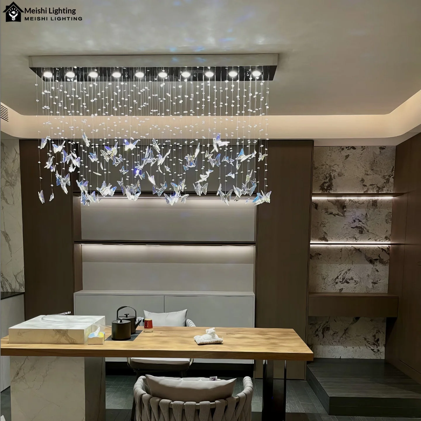 Italiyalық жеңіл әсемдікке ие балық аулау жіпті кристаллды люстра, LED жарықтандыру, шаңғырдан жасалған, мейрамхана үшін, тіктөртбұрышты арал, бар стойкасы, қонақ үйі үшін