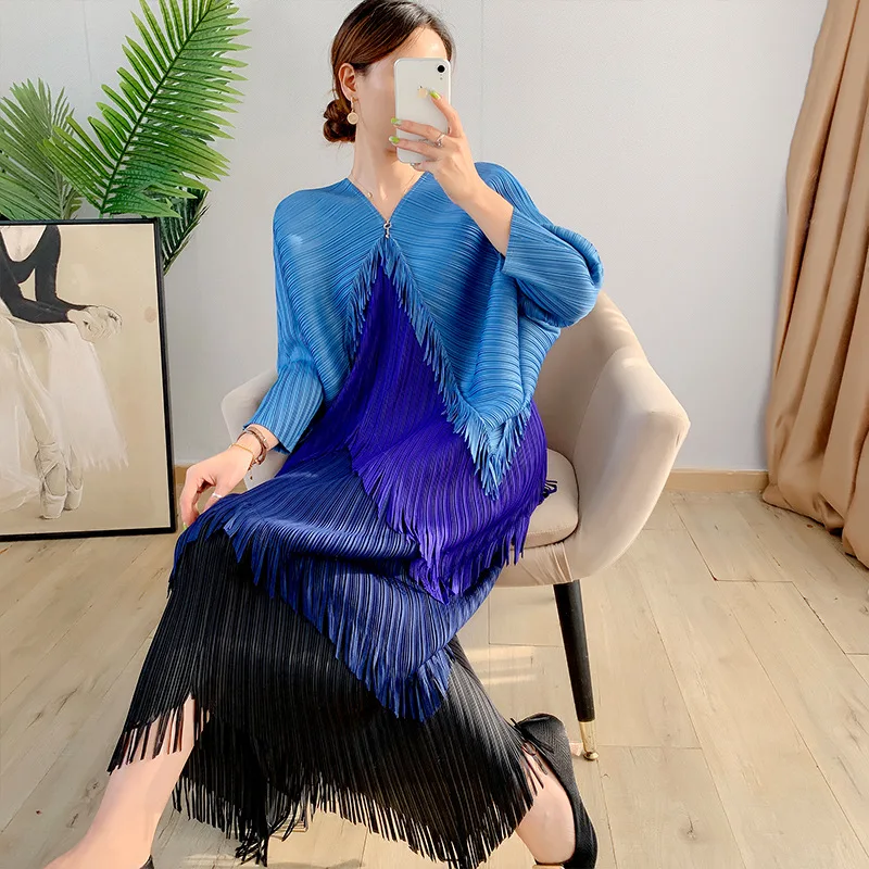 2023 New Woman Plus Size Evening Dresses Tassel Red Dress Miyake Pleated Woman Casual Dresses Summer Natural Polyester