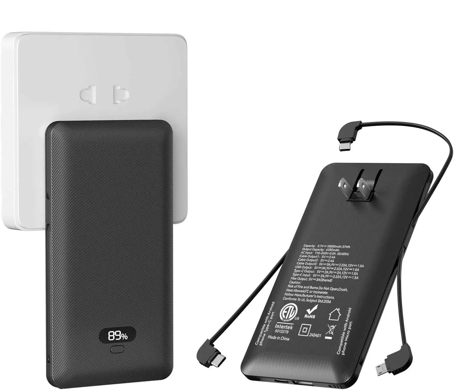 CCC Certified Power Bank 10000mAh Built-in 3 Cables, PD20W Multi-Port Portable Charger with AC Plug Digital Display PB180P