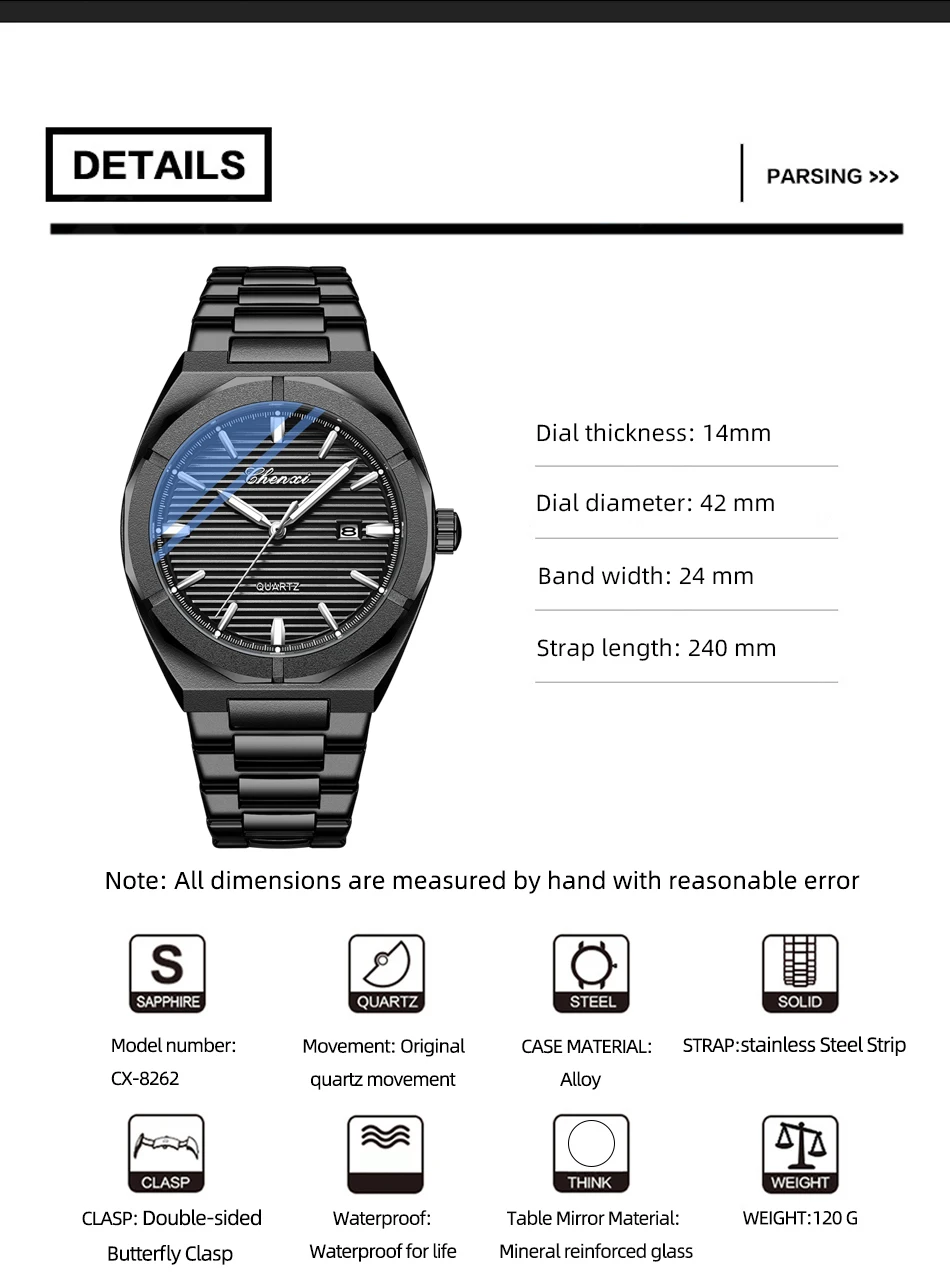 CHENXI 8262 Stainless Steel Quartz Watch for Men, Waterproof Sport