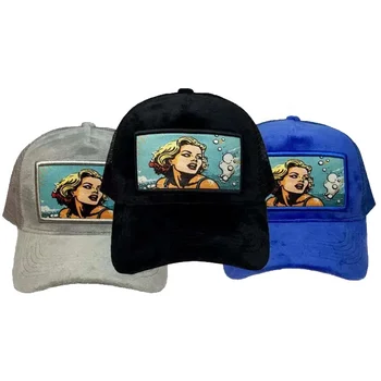 Grey blue 5 panel curved brim custom 3d puff embroidery photo print velvet mesh trucker hat with patch