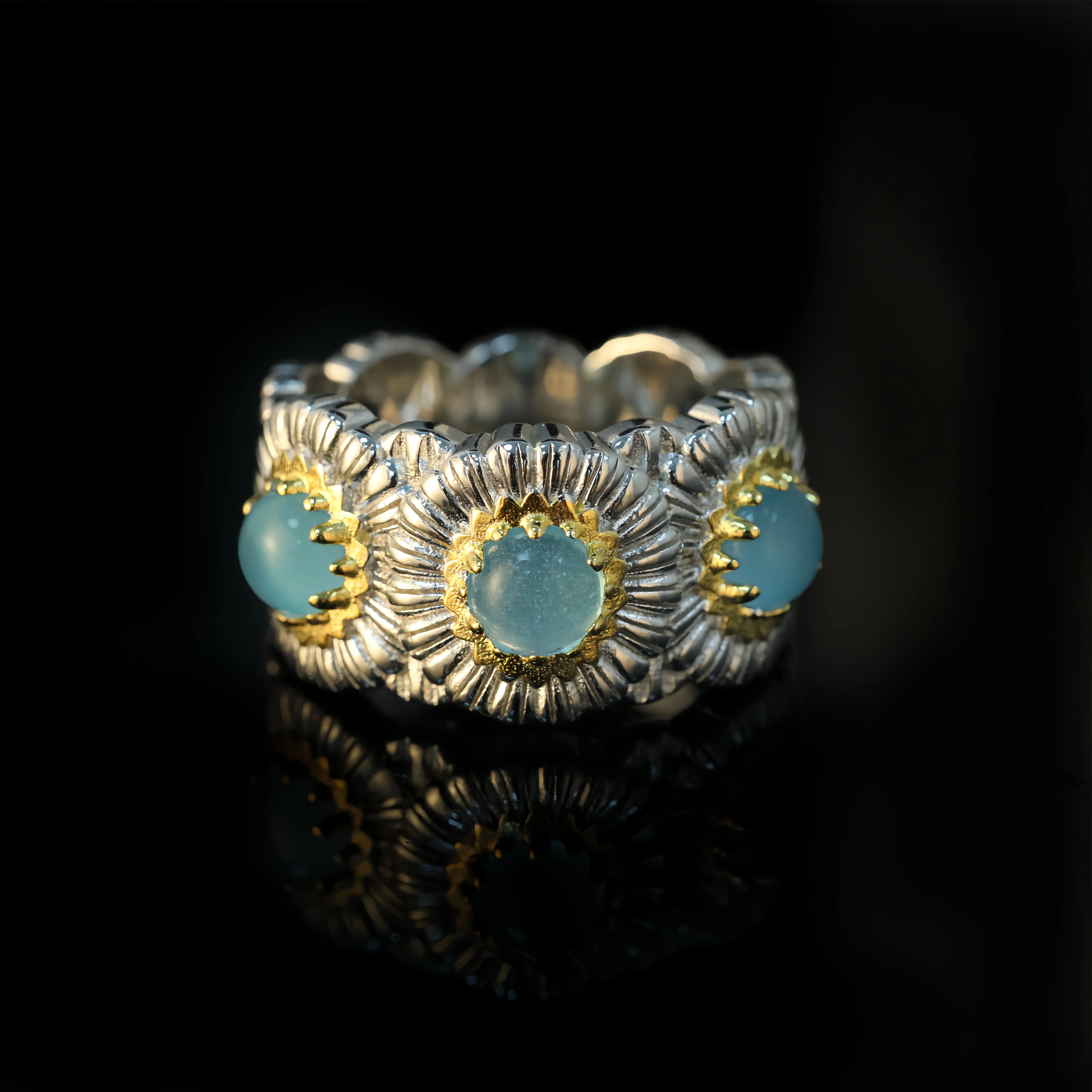 MUSHAN Jewelry Factory Women 925 Sterling Silver Daisy Ring with Blue Agate Opal Fine Jewelry Flower Rings for Anniversaries