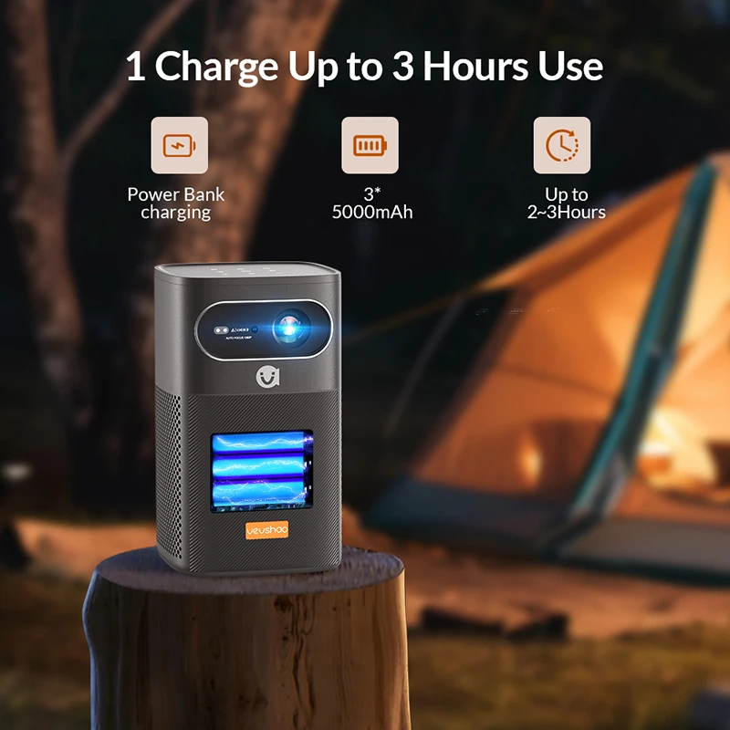 VEVSHAO V30 Camping Projector Mini 1080 Rechargeable by Power Bank Portable Android 9 400 Lumens 8000mAh Battery
