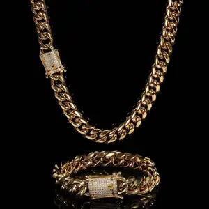 Hip Hop Jewelry 14k 18k Gold Plated 16mm Stainless Steel Miami Cuban Link Chain Necklace Bracelet