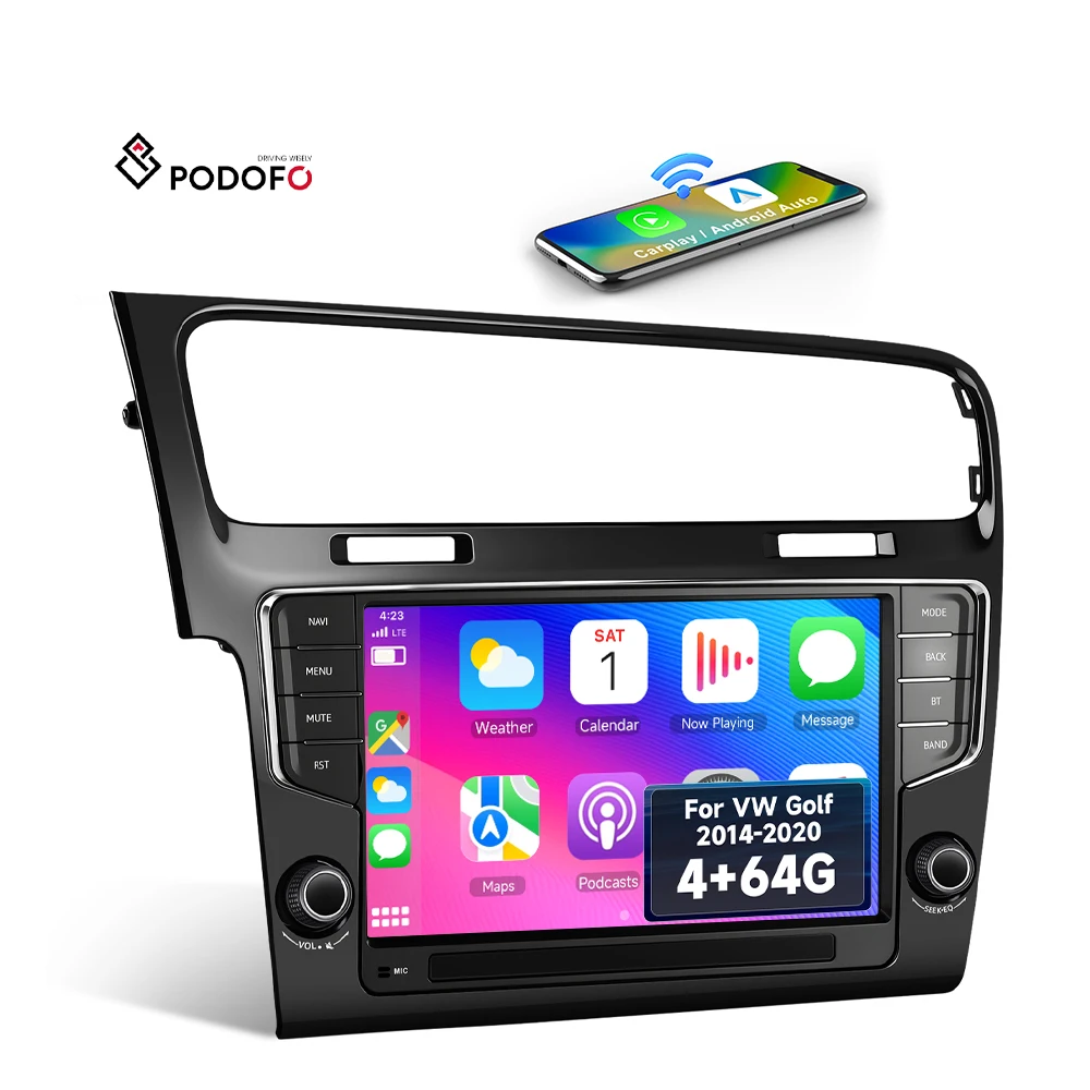 Podofo 9'' Car Stereo 4+64G for VW Golf  2014-2020 Wireless CarPlay/Android Auto Car Radio DAB+ GPS WiFi Wholesale OEM ODM A4707