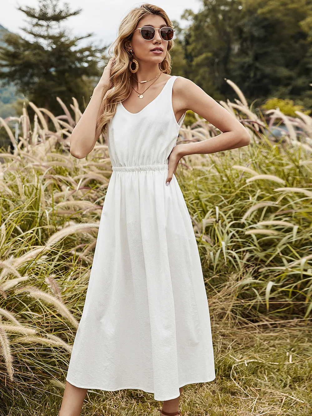 Wholesale Linen Clothing High Quality Sleeveless O Neck Fit and Flare Blank  White Color Women Cotton Linen Dress