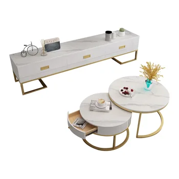 Modern Living room furniture gold stainless steel legs round marble top nesting coffee table set
