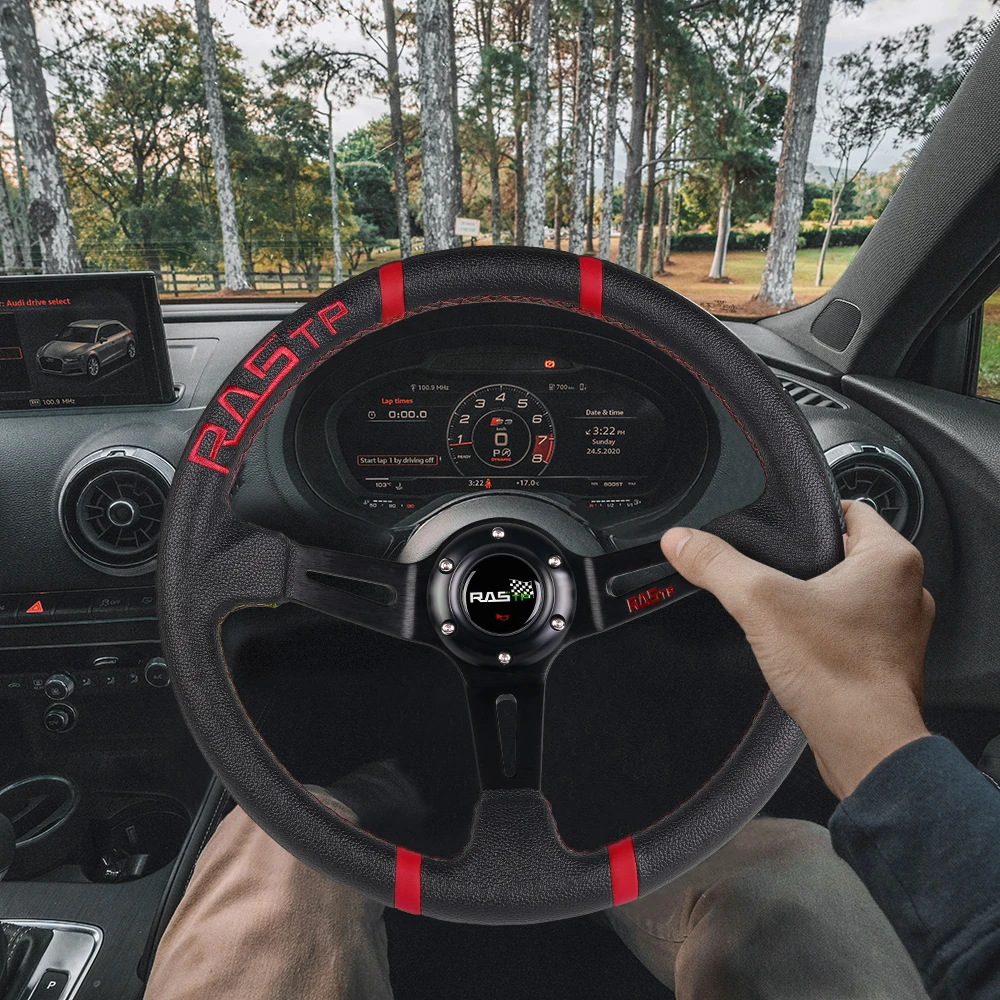 14インチPVCレザーレーシングカーステアリングホイールJDM