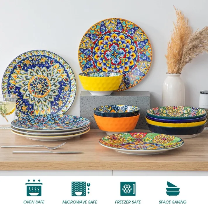 Набор из 6 керамических обеденных тарелок в богемном стиле 10 5 дюймов для микроволновой печи и посудомоечной машины красочные керамические эмалированные блюда