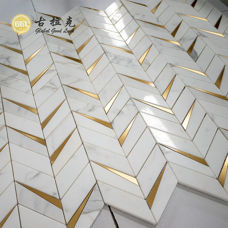 Chevron Marble Brass Mosaic Tiles For Wall And Floor Decoration & Marble Mosaics For Villa