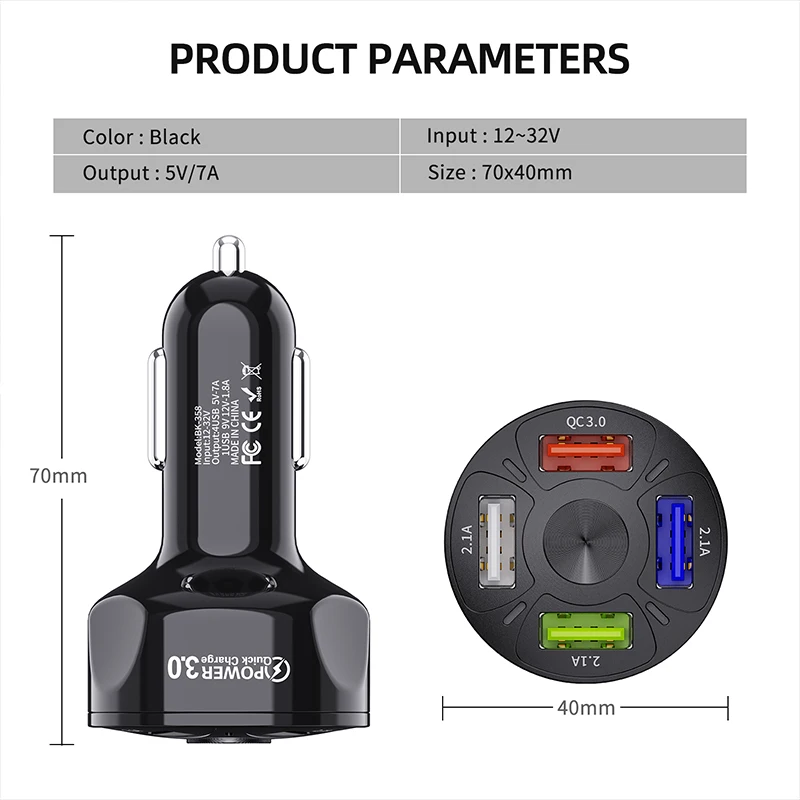 35W QC3.0 Car Charger CE/Rosh/FCC 12V/32V Fast Adapter 7A 4USB Charging for iPhone x/11 pro max for Samsung Galaxy S9/S20 Ultra