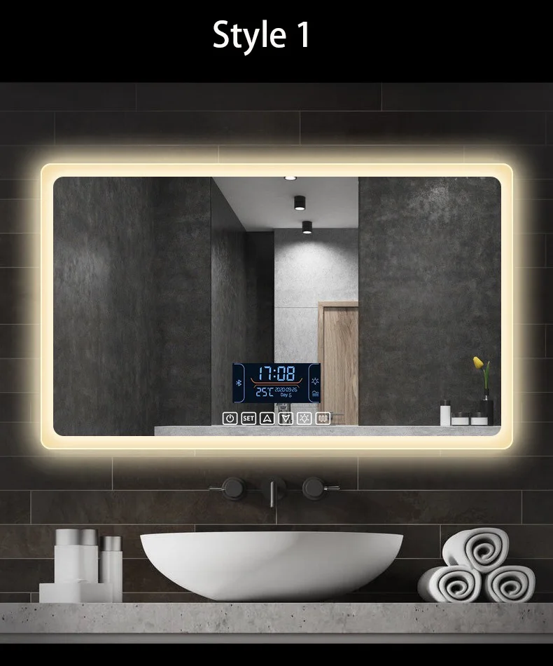 Modern style waterproof time display touch switch screen rectangle intelligent wall mounted led mirror smart factory