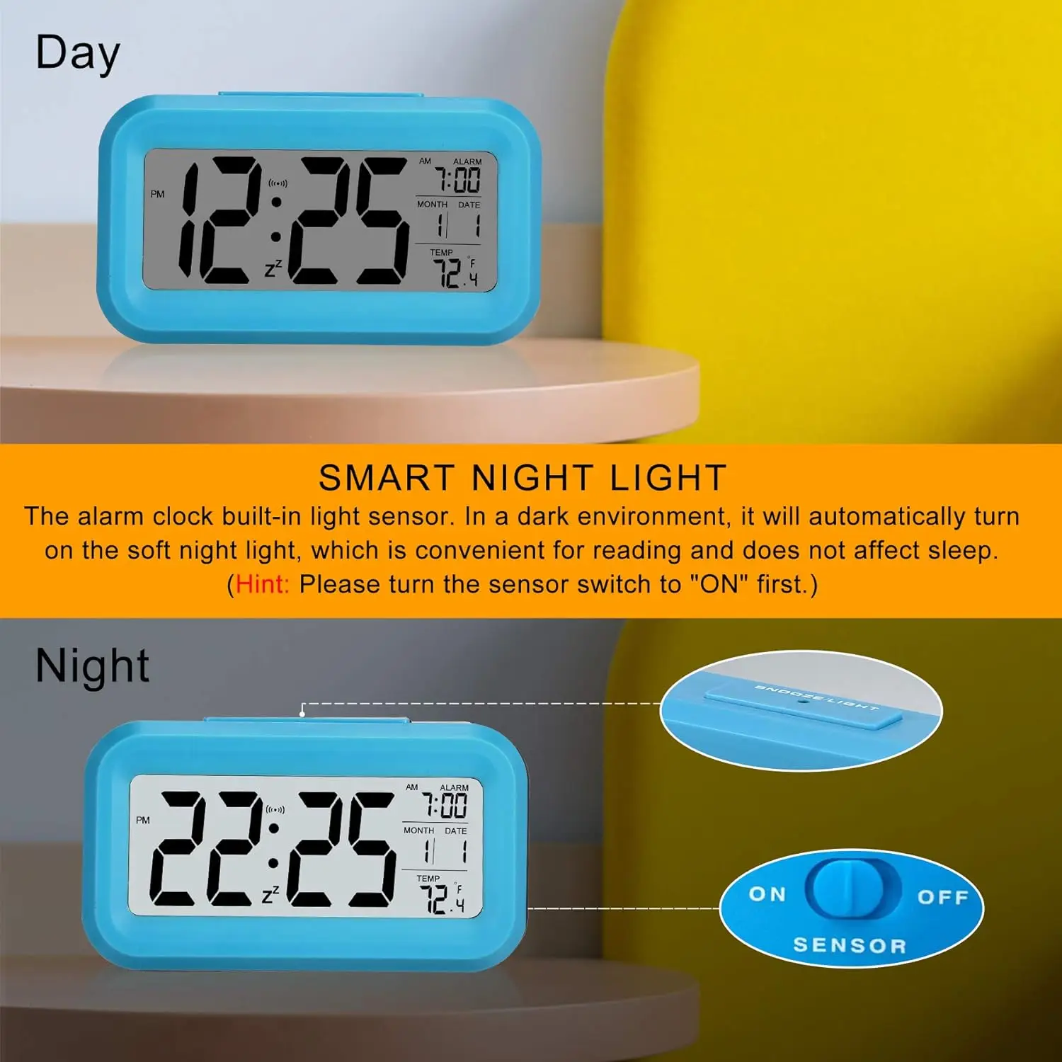 Creative Night Light Sensing Digital Alarm Clock With Led Temperature Display Snooze Function and Smart Time Sensor for Student