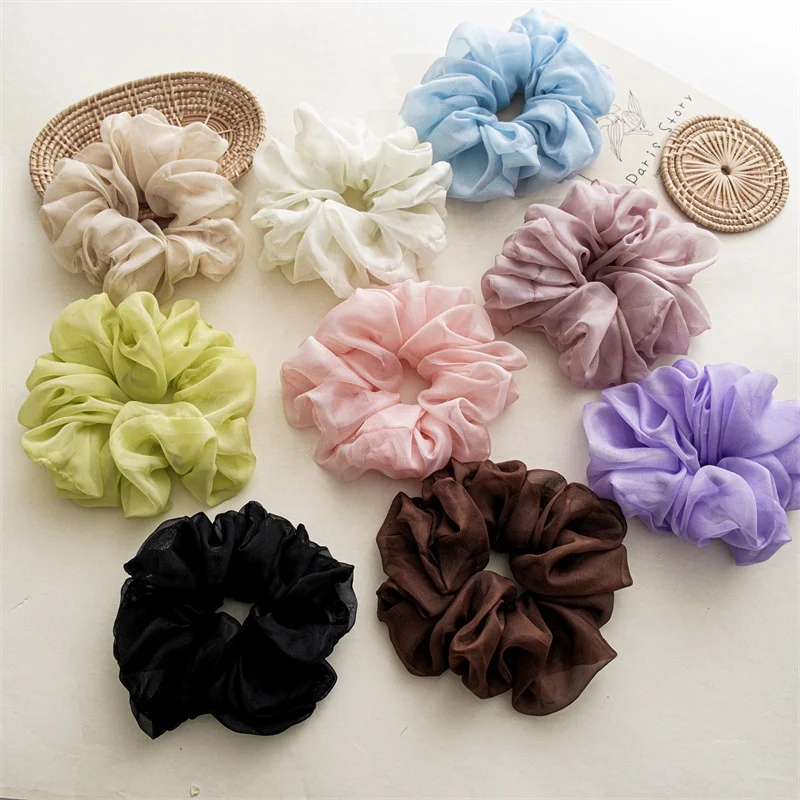 New Large Solid Color Chiffon Large Scrunchies Women Simple Hair Scrunchies Band