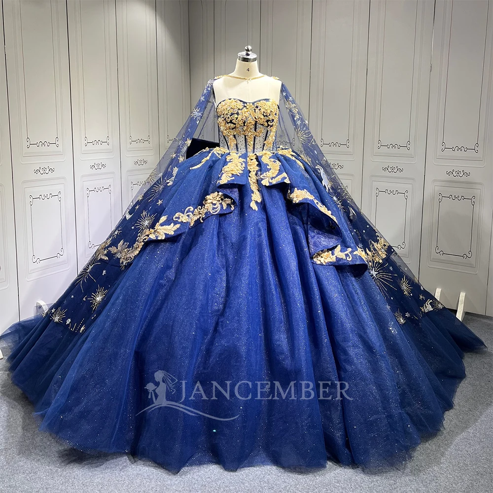 Luxury Royal Blue Quinceanera Dresses Long Sleeves Applique Lace Tulle  Vestidos De 15 Anos Birthday Party Sweet 16 Lsmu92