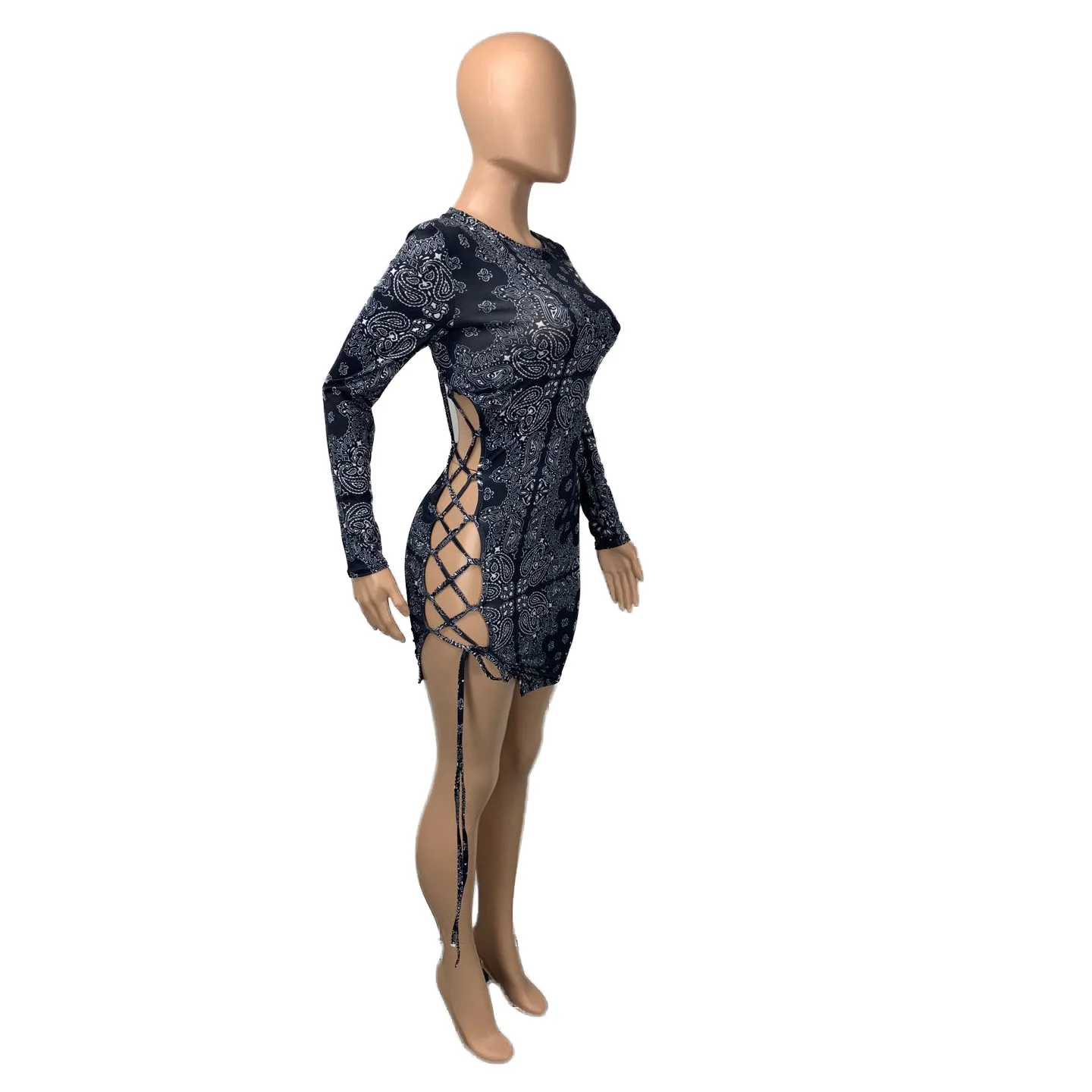 Платочным принтом сексуальная Bodycon платья для женщин Клубные Открытое платье с низким вырезом на спине шнуровке мини-юбкой и длинным рукавом