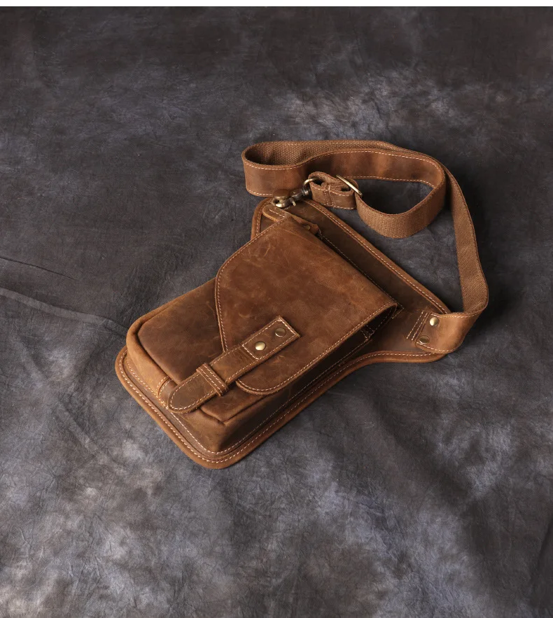 Vintage Genuine Crazy Horse Leather Waist Bag for Men Cowhide Motorcycle Crossbody Leg Saddlebags & Luggage