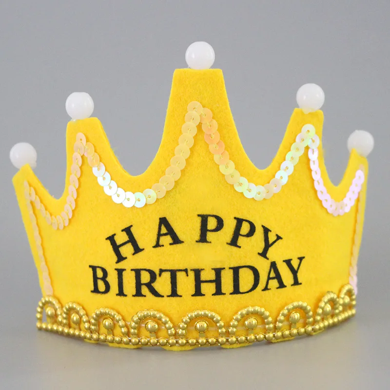 New LED Light up Felt Birthday Hats Princess King Happy Birthday Crown Hat Birthday Party Hat for Kids and Adults