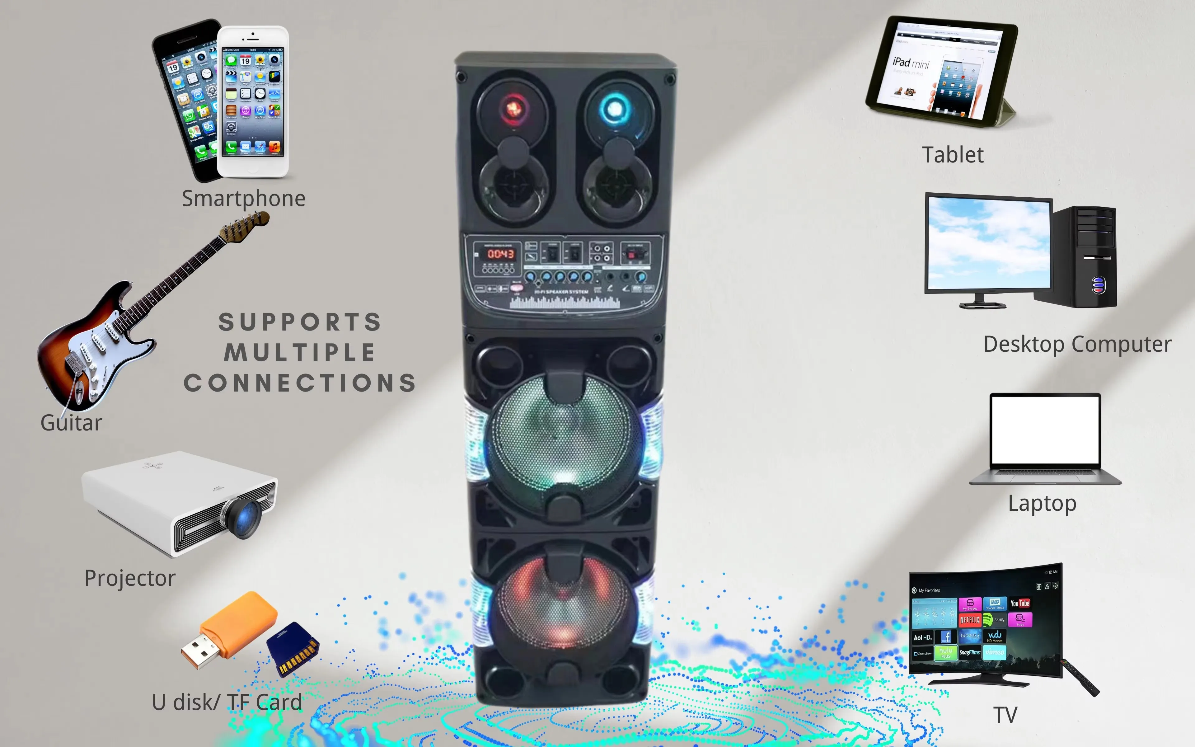 New Arrival AO-1021 Wireless BT Stereo Woofer Party Speaker With Mic Led  Colorful Light Active Stage Hifi Music Karaoke Speaker