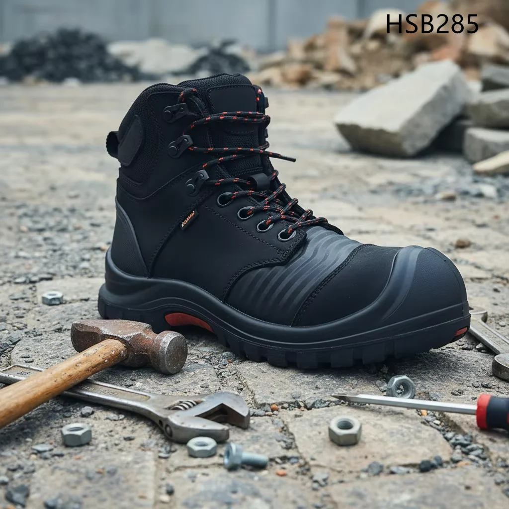 HY, vegyipari üzemhez: szúrásbiztos, bokát támasztó biztonsági lábbeli eladó. Premium természetes nubuck bőrből készült szúrásbiztos munkacipők, modell: HSB285