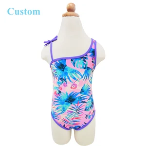 Wholesale UPF50+Sun Protection Kids One Piece Swimsuit Beachwear for Summer Custom Floral Designs One Shoulder Bathing Suit