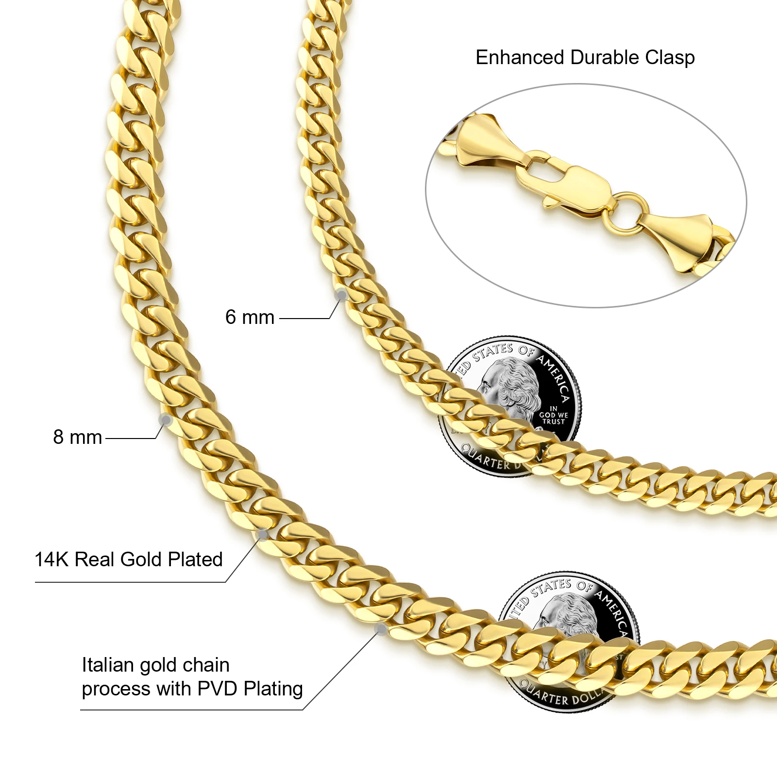 KRKC Wholesale 6mm 8mm 14k Gold Plated Stainless Steel Miami Cuban Link  Chain Necklace with Lobster Clasp Mens Chains