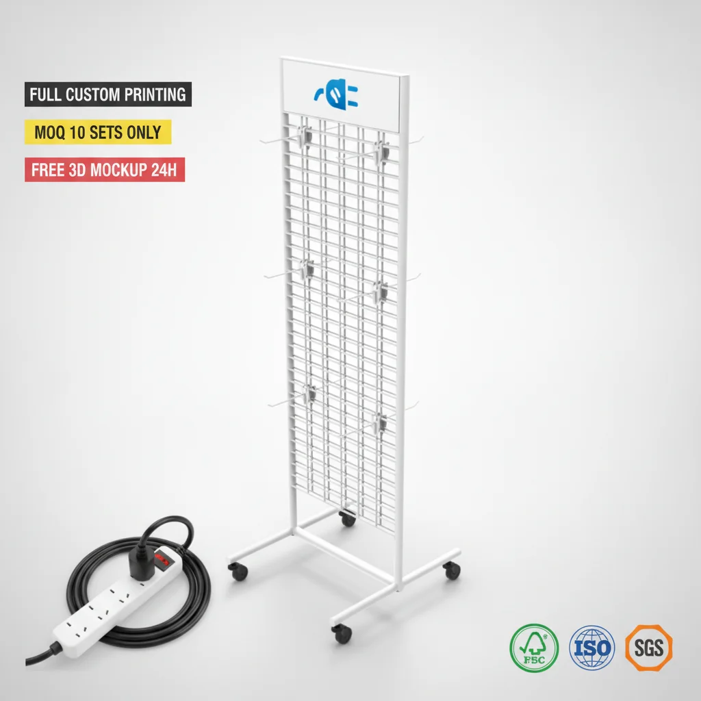 Custom Metal Grid Display Stand with Wheels Power Strip Extension Cord Rack Floor Standing Wire Mesh Hook Display for Hardware Store Electronics Retail Supermarket Mobile Gridwall Tool Organizer Stand with Logo