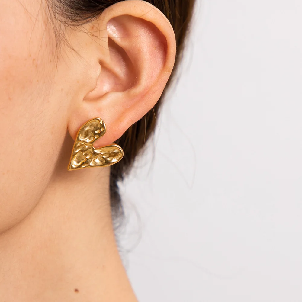 Chic Hypoallergenic Statement Earring Hammered Texture Stud Earring Gold Plated Stainless Steel Jewelry Large Drop Earrings