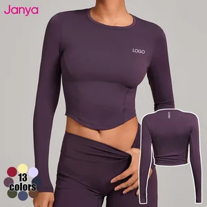 Janya Soft Breathable Active Stretch 4-Way Stretch Crew Neck Tight Gym Fitness T-shirt Slimming Fit Long Sleeve Yoga Crop Tops