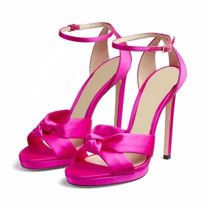 Beautiful Wedding Bride Shoes Fuchsia Satin Knot Buckle Strap Ladies Plus Size Party Stilettos Heels for Women