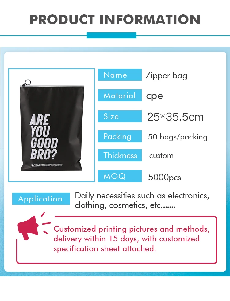 Custom Printed Logo CPE Plastic Slider Zipper Bags For Clothing Underwear T-Shirt Packaging
