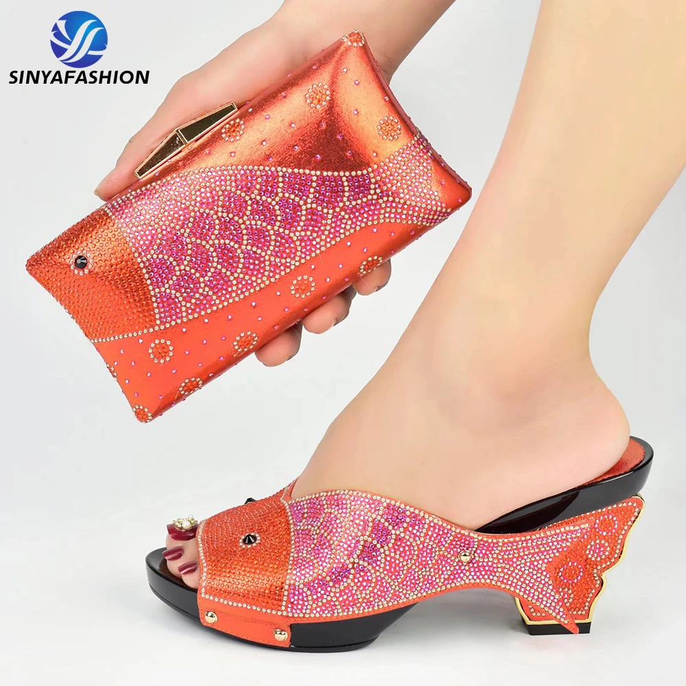 Sinya Summer Italian Party Matching Set Orange High Heels Fish Luxury Stone  Sandals Bags for Women Hot Sale Bridal Shoes Mesh