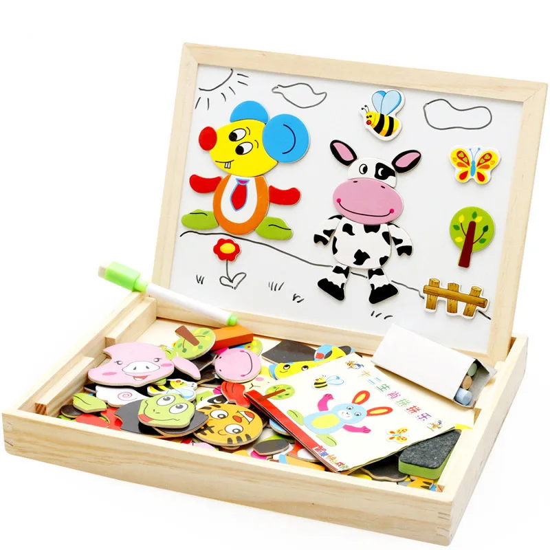 Cheap puzzle educational Children toy wooden jigsaw animal puzzle double-sided magnetic drawing board book kids toy