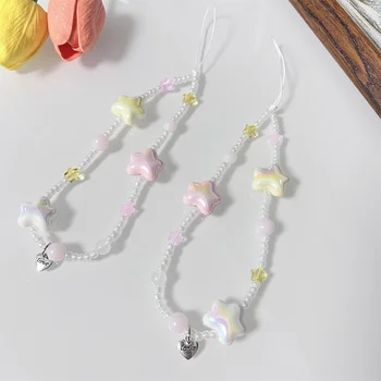 New DIY Strawberry Love Short Mobile Phone Lanyard Creative Small Fresh Bow Beaded Chain  Mobile Phone Case Pendant