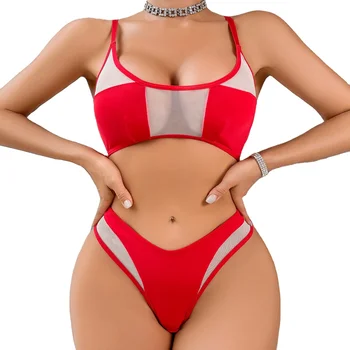 Cross-Border Supply Fashion Color Contrast Suit Mesh Splice Comfortable Sexy Underwear Without Underwire