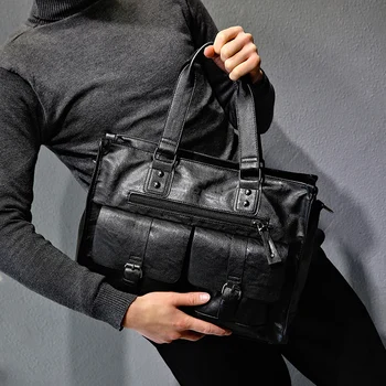 Luxury PU Leather Briefcase with Nylon and Cotton Lining Maletin Portafolio Conference Bag Hand Bag with Laptop Compartment