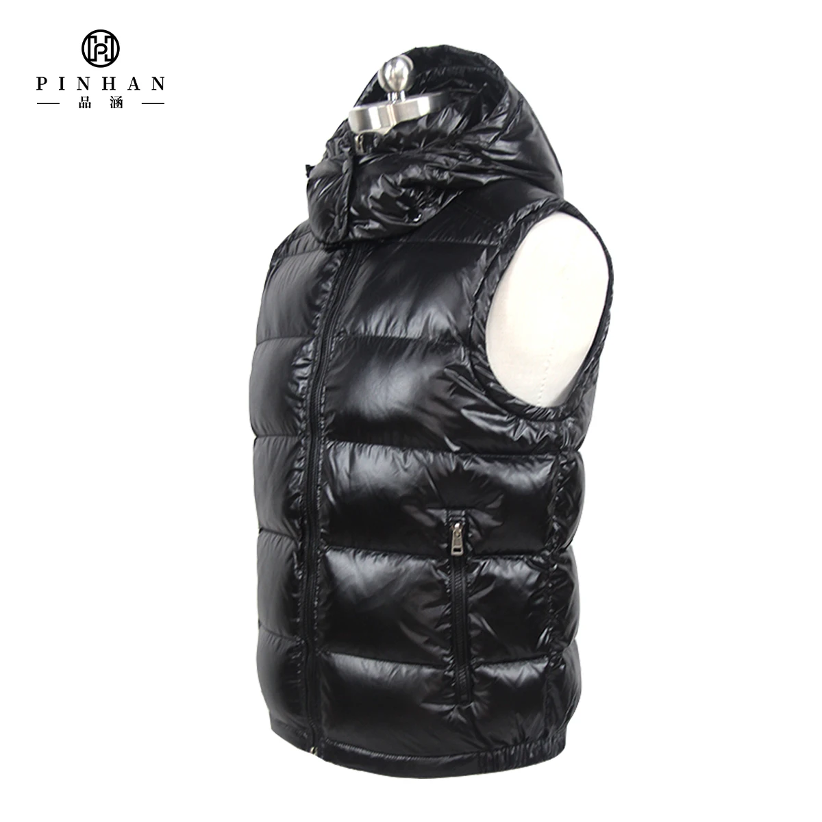 Black Puffer Vest Customized down Jacket with Detachable Hood