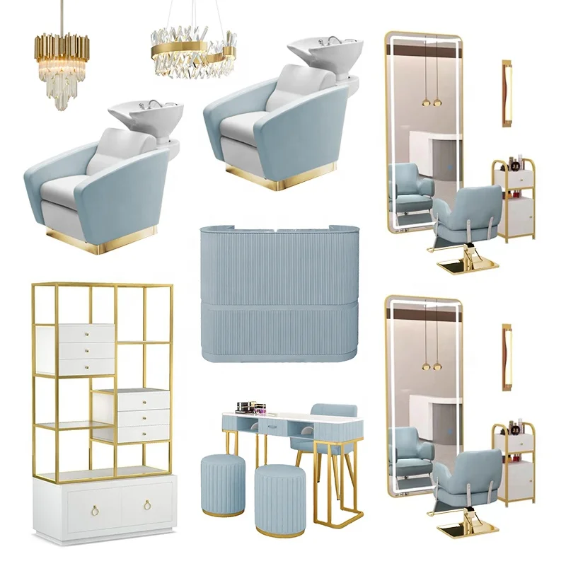 New Sky Blue Salon Furniture Barber Styling Chair Double Sided Led Salon Mirror Sets