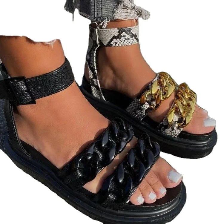 Sandalias De Suela Gruesa Con Cadena Para Mujer,Zapatos Informales Con Plataforma De Serpiente En Color Negro,Blanco Y Caqui,Novedad De Verano Buy