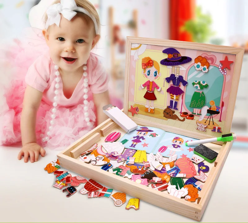 Деревянный пазл с животными для детей, пазл с двусторонней магнитной доской для рисования