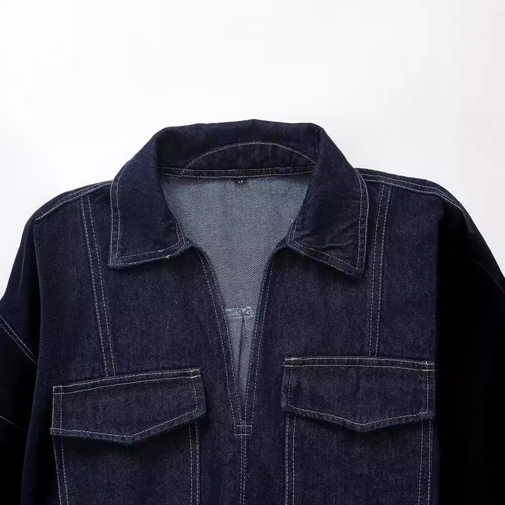 noua colecție de primăvară 2024: bluză-jachetă casual din denim albastru pentru femei, cu guler îndoit