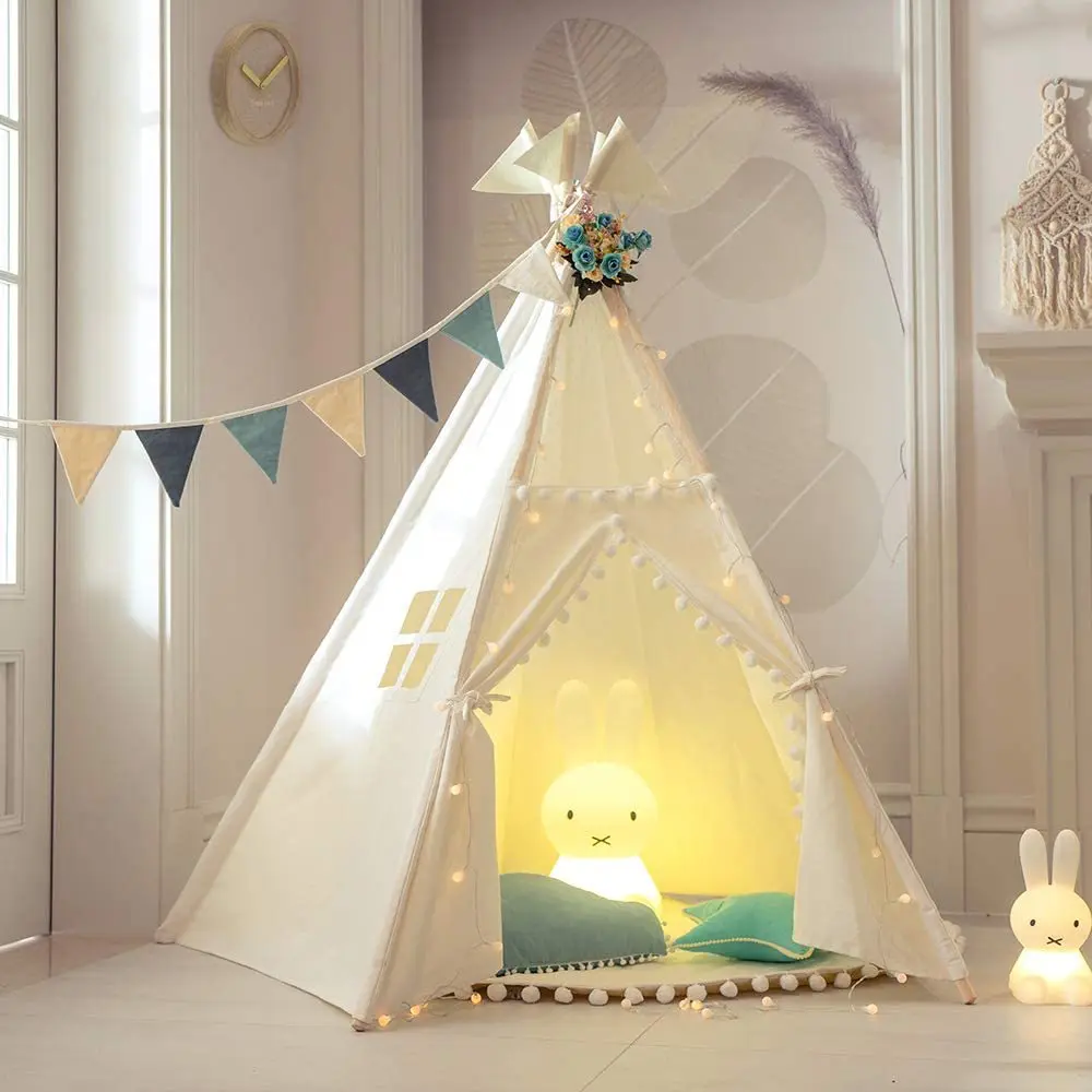 Luxury Large Canvas Teepee Tent with Lace Window Indian Play Tipi Tent House Children Tipi Tee Pee Toy Tent for Kids