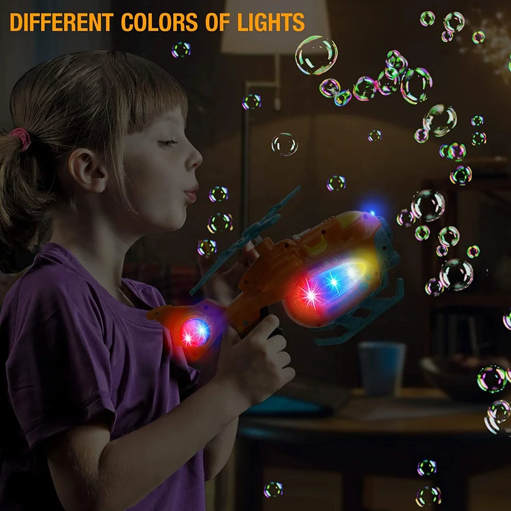 Electric Hand Held Helicopter Shape Soap Bubble Machine Bubble Gun Toy for Kids Summer Outdoor with Music and Lights