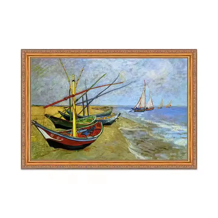 Hand-Painted Impressionist Landscape Oil Scenery Van Gogh's Famous Fishing Boats on Beach Canvas Support Base Reproductions