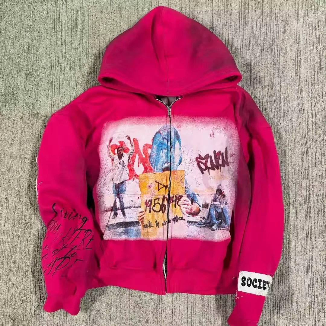 Custom Street Wear Rhinestone Pullover Hood Jacket Print Oversized French Terry Heavyweight Vintage Acid Wash Distressed Hoodie gallery 2