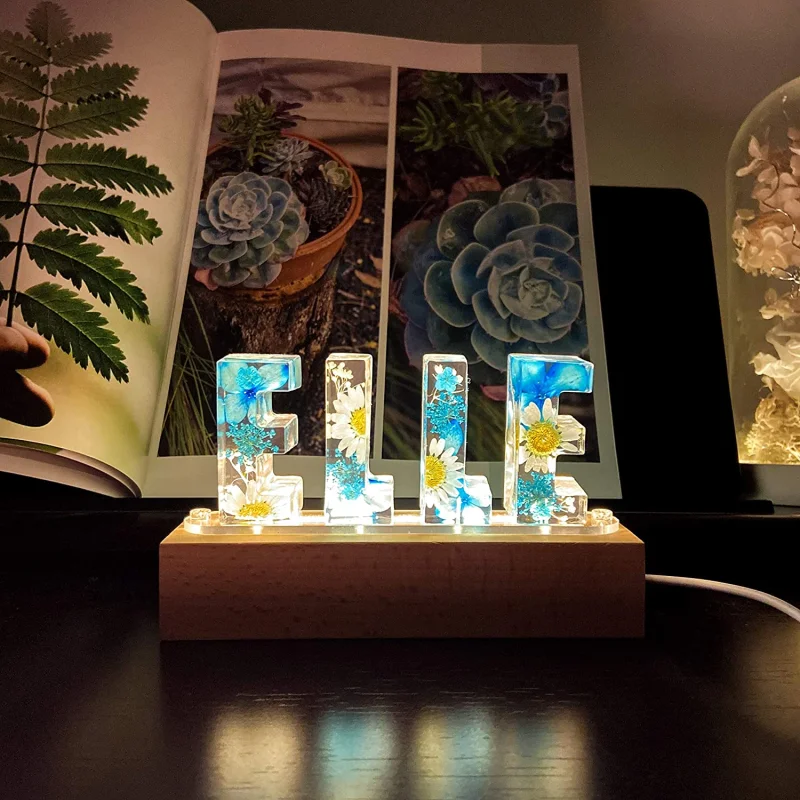 Dried Floral Resin Letters With Wood Led Decorative Night Lights Home